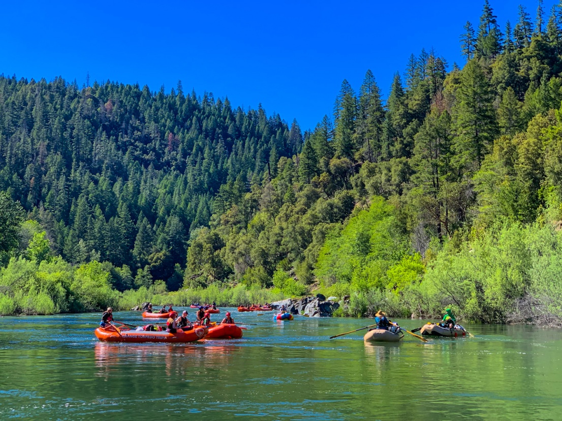 Looking upstream at rafts on the Klamath River near Happy Camp Ca