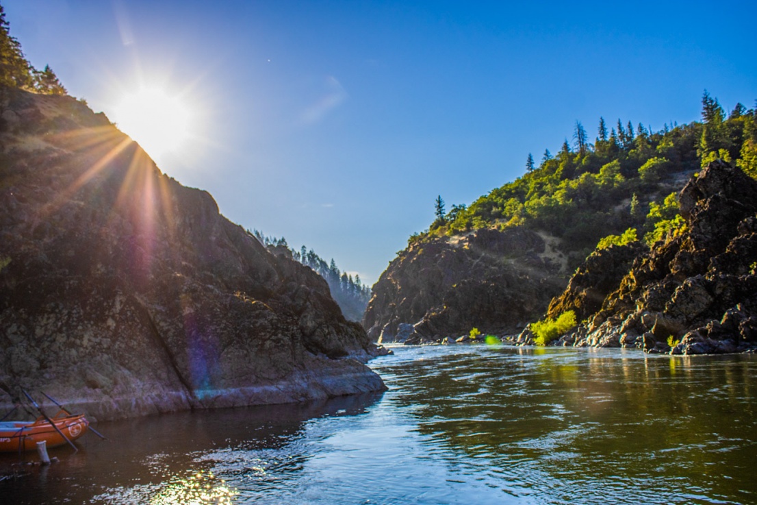 Sun setting over Hellgate canyon on the Rogue River